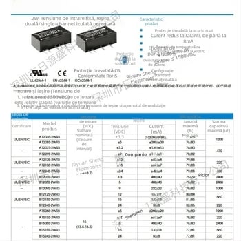 Modul izolator de alimentare A1515S-2WR3, intrare 13,5–16,5 V, ieșire 15 V, 67 mA, 2 W