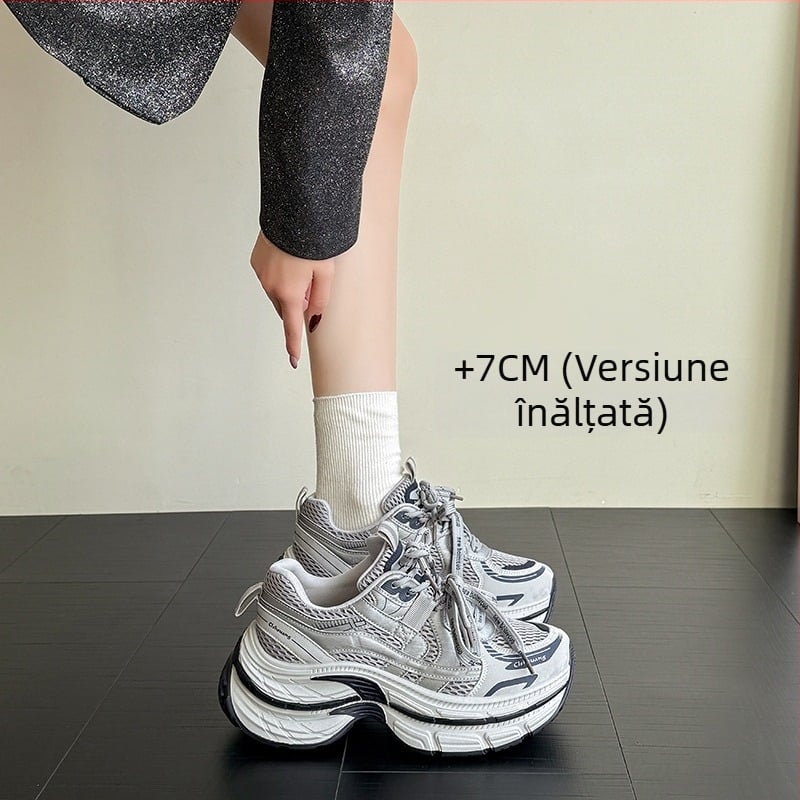 Adidași damă cu talpă groasă pentru creșterea înălțimii, din plasă gri, piele naturală, design color-block, pantofi casual