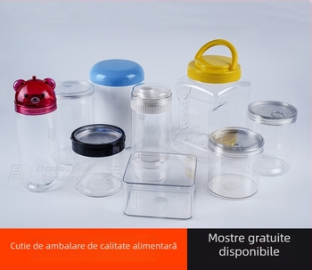Recipient PET transparent sigilat din plastic alimentar, pentru biscuiți, bomboane, fructe uscate, nuci și goji; cu capac de tragere și capac filet