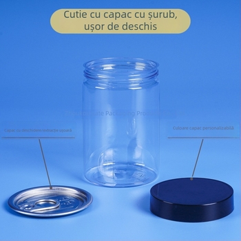 Recipient PET transparent sigilat din plastic alimentar, pentru biscuiți, bomboane, fructe uscate, nuci și goji; cu capac de tragere și capac filet