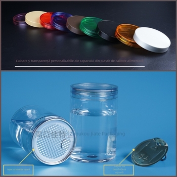 Recipient PET transparent sigilat din plastic alimentar, pentru biscuiți, bomboane, fructe uscate, nuci și goji; cu capac de tragere și capac filet