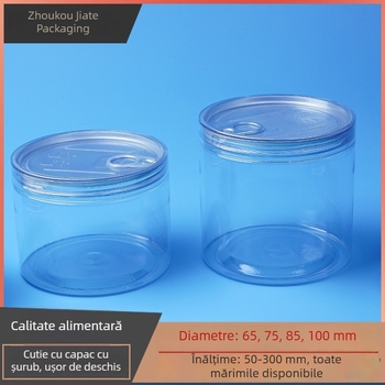 Recipient PET transparent sigilat din plastic alimentar, pentru biscuiți, bomboane, fructe uscate, nuci și goji; cu capac de tragere și capac filet