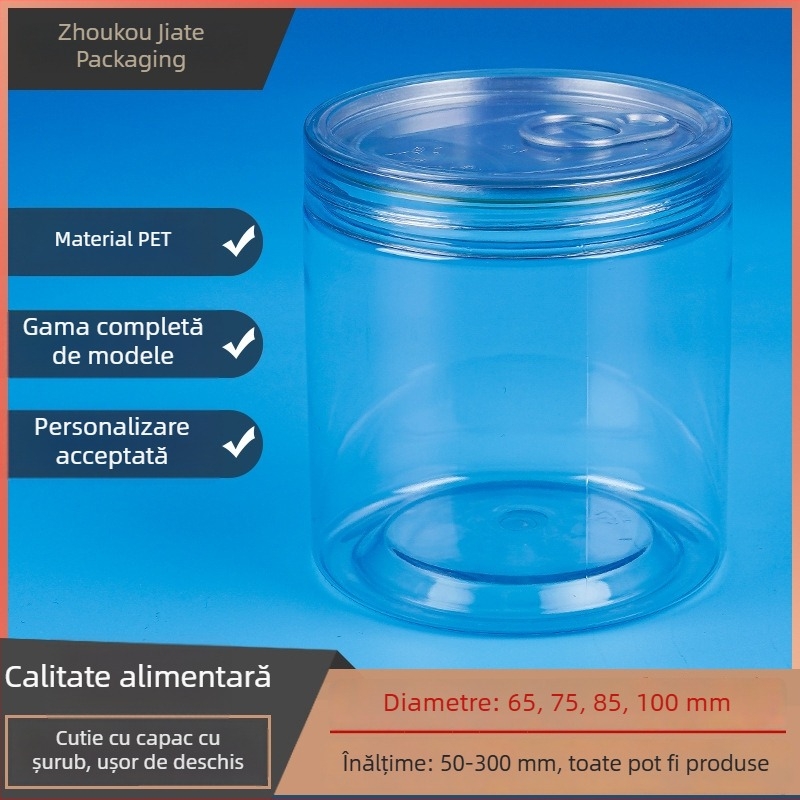 Recipient PET transparent sigilat din plastic alimentar, pentru biscuiți, bomboane, fructe uscate, nuci și goji; cu capac de tragere și capac filet