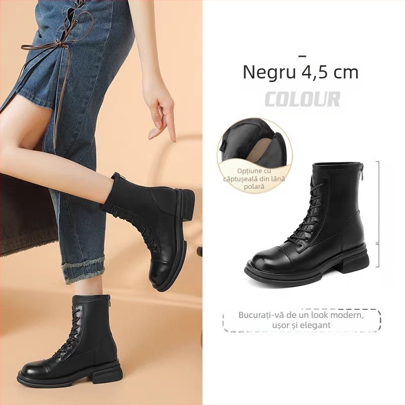 Botine Martin pentru femei, toc gros și talpă groasă, stil britanic, botine elegante, confortabile și versatile pentru toamnă-iarnă.