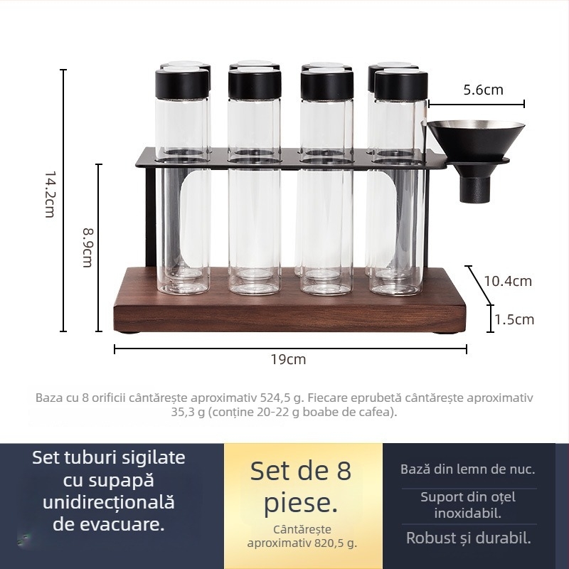 Recipient portabil sigilat pentru boabe de cafea, cu bază din nuc nord-american, ventilație unidirecțională și flacon aromat pentru frunze de ceai, pentru exterior