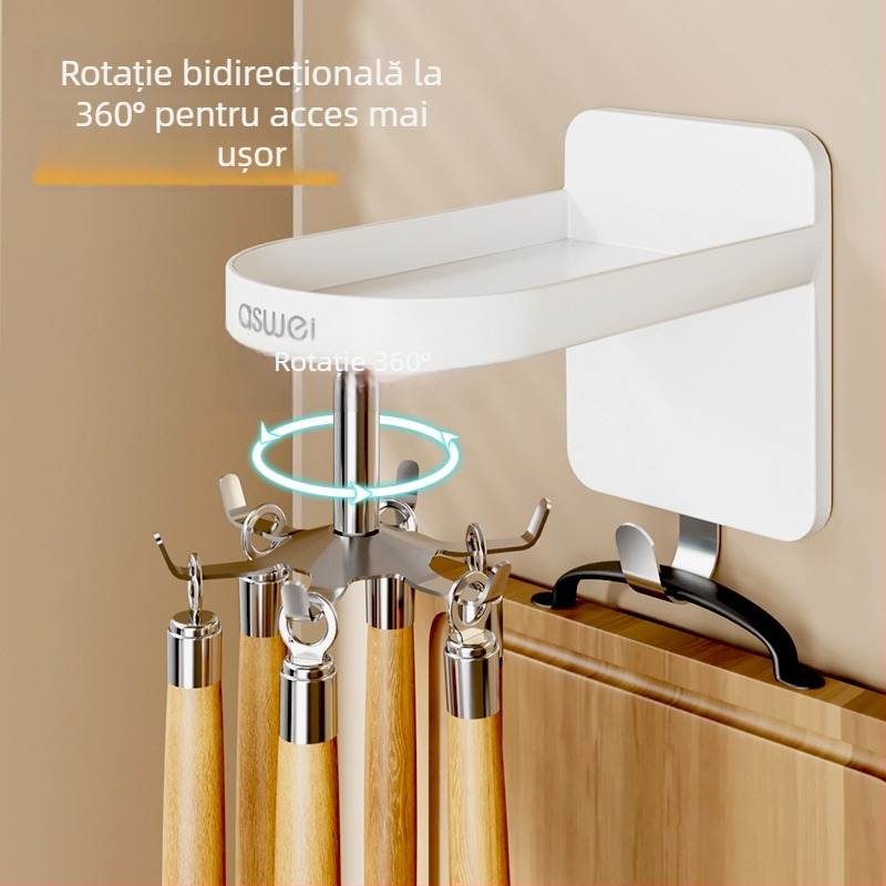 Cuier rotativ pentru bucătărie, depozitare pentru spatule și linguri — montaj pe perete fără găuri, suport cu șase gheare