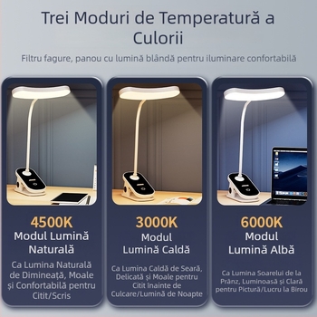Lampă de birou LED cu clemă, negru-alb, protecție oculară, pentru studiu, dormitor, citire noaptea