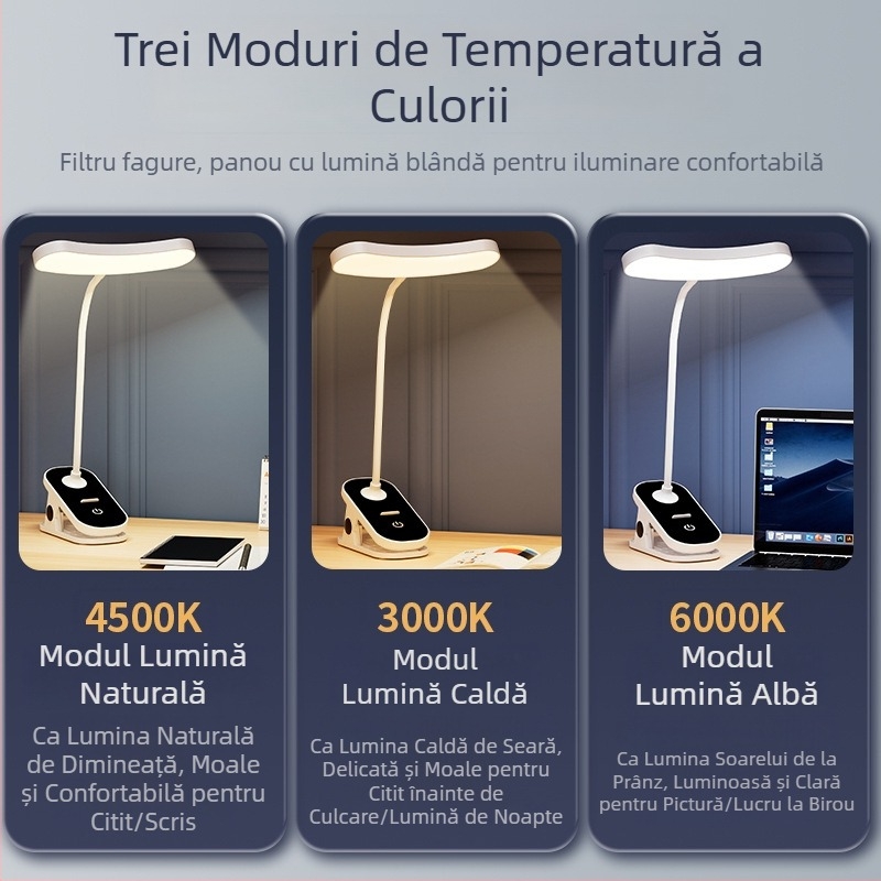 Lampă de birou LED cu clemă, negru-alb, protecție oculară, pentru studiu, dormitor, citire noaptea