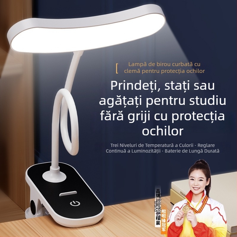 Lampă de birou LED cu clemă, negru-alb, protecție oculară, pentru studiu, dormitor, citire noaptea