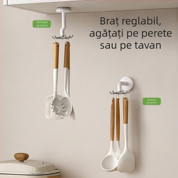 FaSoLa Cârlig de bucătărie cu ventuză, cu șase gheare, rotativ, montaj pe perete fără găuri, organizator pentru linguri și spatule