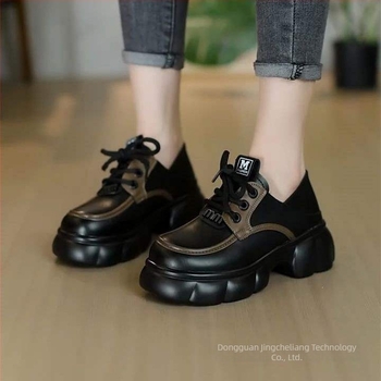 Loafers din piele în stil britanic pentru femei, primăvara 2025, negru, vârf rotund, toc gros, talpă antiderapantă