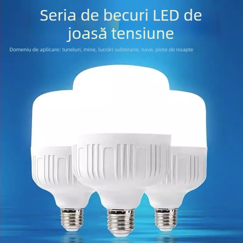 Lampa LED E27, tensiune scăzută 12–85V DC/12–60V AC, 3000 lm, unghi fascicul 120°, economisire energie, corp PVC, abajur PC, IP30, potrivită pentru sisteme cu panouri solare
