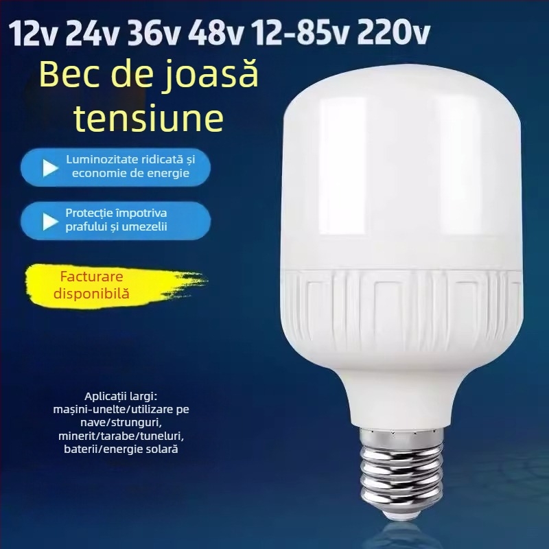 Lampa LED E27, tensiune scăzută 12–85V DC/12–60V AC, 3000 lm, unghi fascicul 120°, economisire energie, corp PVC, abajur PC, IP30, potrivită pentru sisteme cu panouri solare