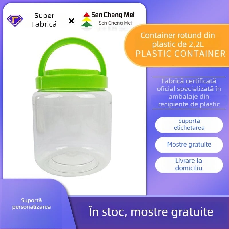 În stoc: borcan rotund transparent din PET alimentar pentru ambalarea cablului de date, cu mâner și cap de încărcare, 2,2 kg