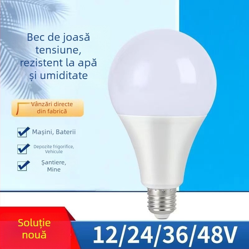Bec LED 12V, joasă tensiune, AC/DC, intrare 12–85V, priză E27, carcasă din aluminiu cu acoperire din plastic, lumină albă / alb cald