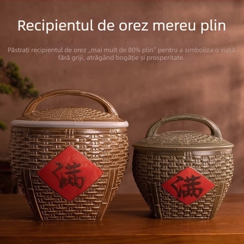 Recipient ceramic pentru depozitarea orezului, cu capac, în stil chinezesc, capacitate 9–10 litri, rezistent la umezeală și dăunători, sigilat pentru depozitarea cerealelor și orezului