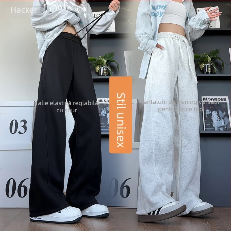 Pantaloni sport unisex pentru toamnă, croială lejeră, talie joasă, drepti cu gambă largă