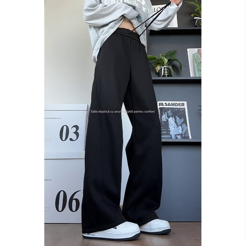 Pantaloni sport unisex pentru toamnă, croială lejeră, talie joasă, drepti cu gambă largă