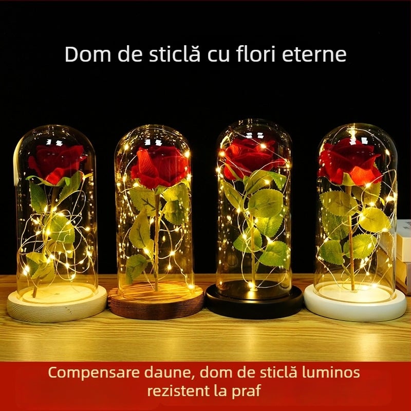 Floare conservată în dom de sticlă cu trandafir — ornament de birou, cadou