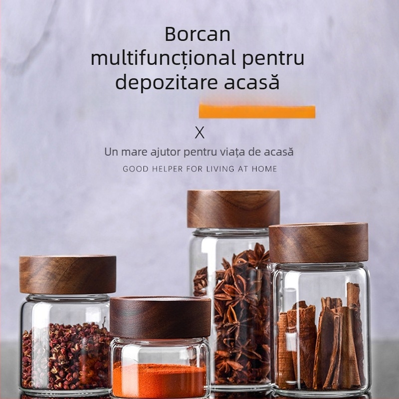 Recipient din sticlă borosilicat de înaltă calitate, sigilat, pentru bucătărie, cu capac din lemn de acacia și bambus, recipient pentru ceai