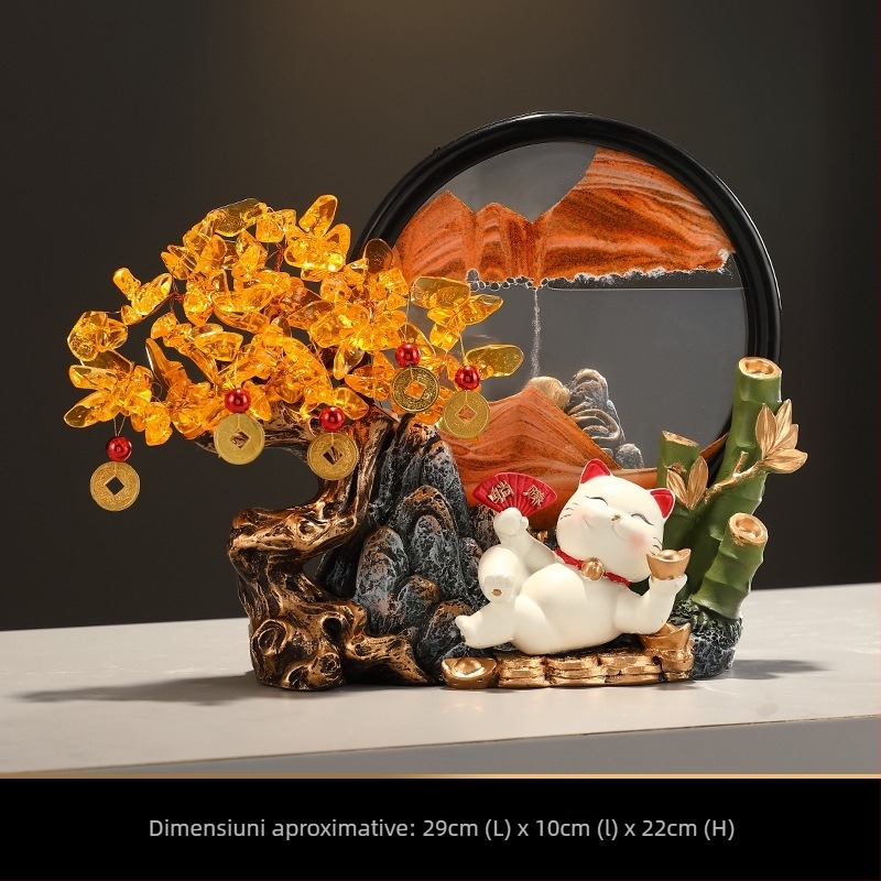 Arborele norocului din cristal cu pictură din nisip, ornament cu pisică ademenitoare pentru atragerea norocului, decor pentru living, hol sau recepție, cadou la inaugurarea unui magazin