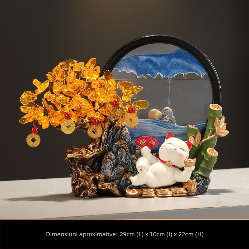 Arborele norocului din cristal cu pictură din nisip, ornament cu pisică ademenitoare pentru atragerea norocului, decor pentru living, hol sau recepție, cadou la inaugurarea unui magazin