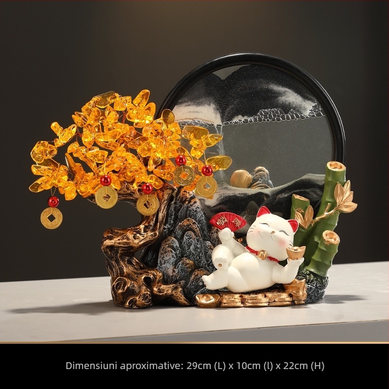 Arborele norocului din cristal cu pictură din nisip, ornament cu pisică ademenitoare pentru atragerea norocului, decor pentru living, hol sau recepție, cadou la inaugurarea unui magazin