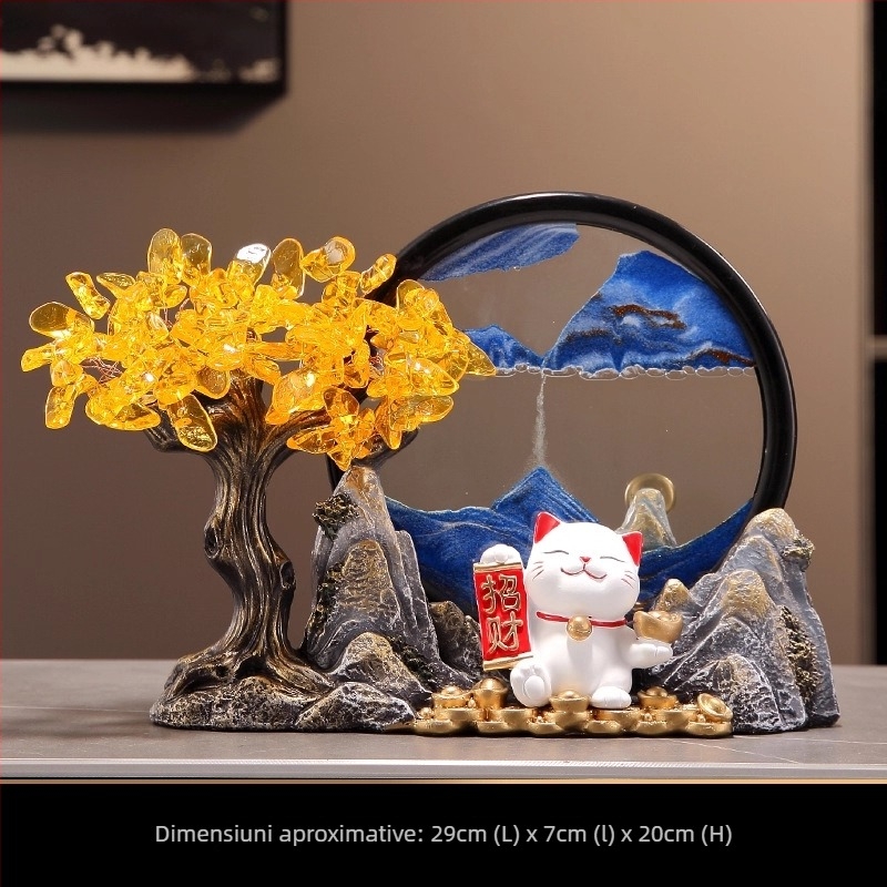 Arborele norocului din cristal cu pictură din nisip, ornament cu pisică ademenitoare pentru atragerea norocului, decor pentru living, hol sau recepție, cadou la inaugurarea unui magazin