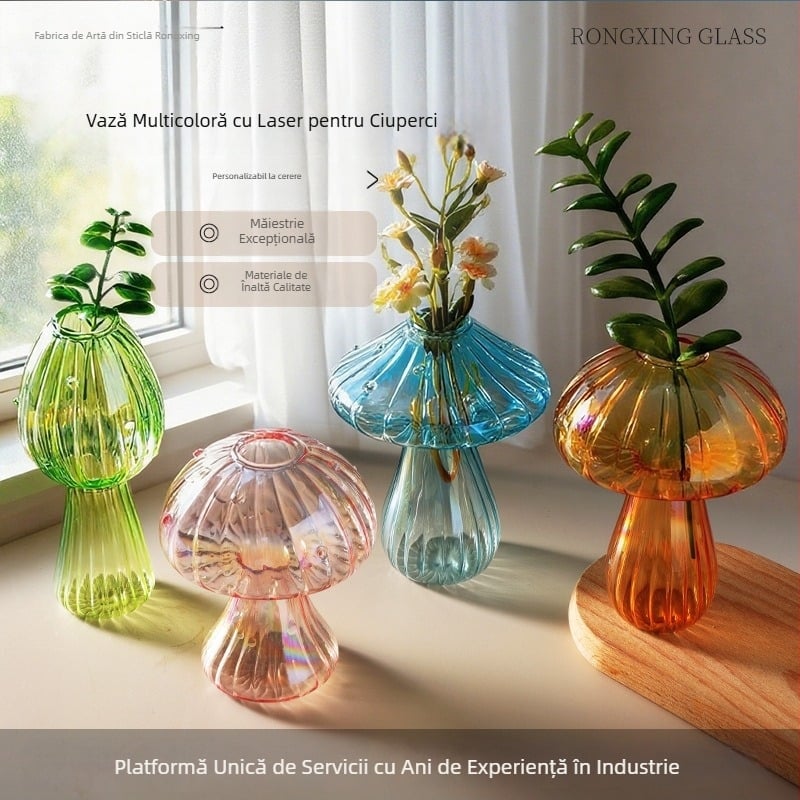 Plantă verde hidroponică într-un capac de sticlă, vază în formă de ciupercă cu design laser, ornament din sticlă colorată cu mărgele
