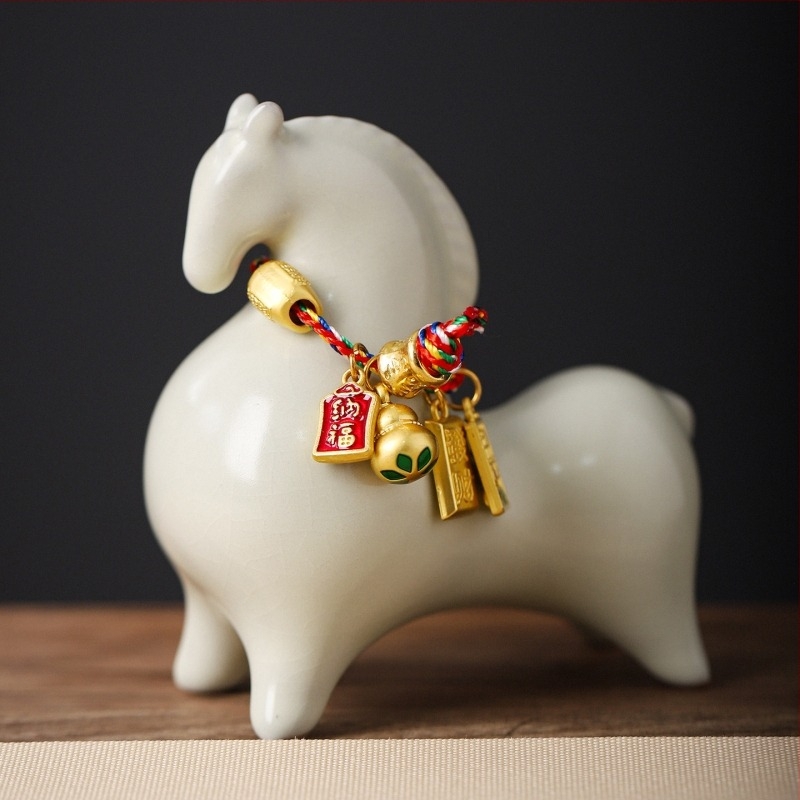 Figură ceramică de cal în stil Ru Kiln pentru birou, sufragerie și hol — decor tea pet într-o cutie cadou