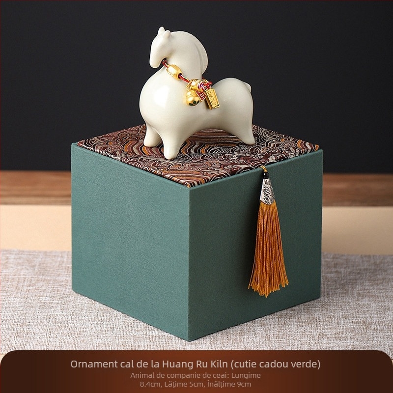 Figură ceramică de cal în stil Ru Kiln pentru birou, sufragerie și hol — decor tea pet într-o cutie cadou