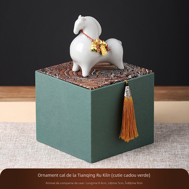Figură ceramică de cal în stil Ru Kiln pentru birou, sufragerie și hol — decor tea pet într-o cutie cadou