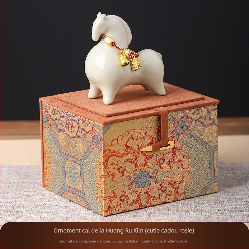 Figură ceramică de cal în stil Ru Kiln pentru birou, sufragerie și hol — decor tea pet într-o cutie cadou