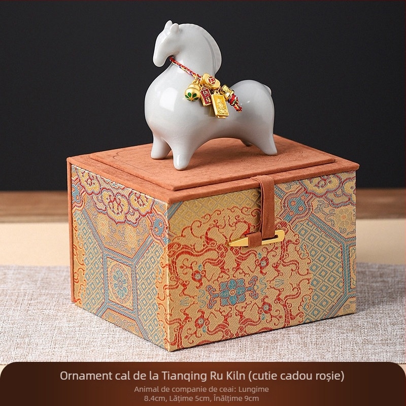 Figură ceramică de cal în stil Ru Kiln pentru birou, sufragerie și hol — decor tea pet într-o cutie cadou