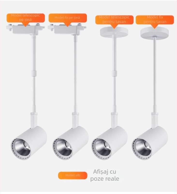 Iluminat pentru șine de magazin cu braț telescopic și spoturi COB LED