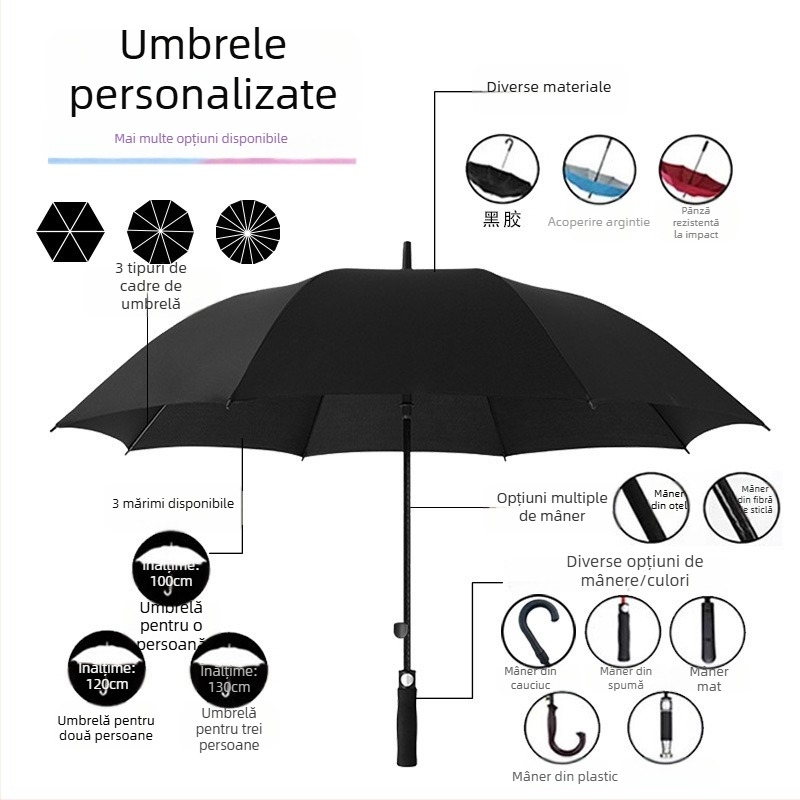 Umbrelă de golf cu tijă dreaptă, deschidere automată, mâner lung, personalizată, mărime mărită, rezistentă la vânt, cadou de afaceri, umbrelă promoțională cu logo