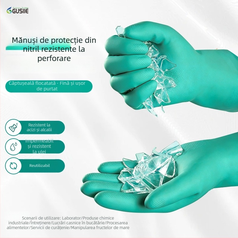 Blue Guard mănuși de bucătărie din nitril cu flock, de unică folosință, pentru vase, prelungite și mai groase, antiderapante, rezistente la acizi și baze, de calitate alimentară
