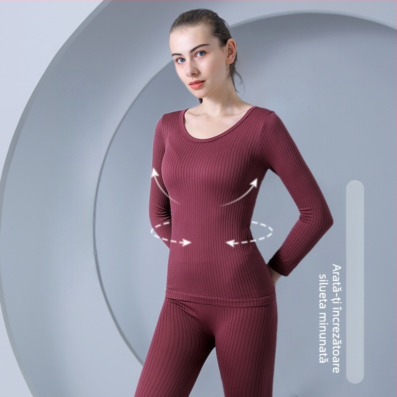 Set de lenjerie termică subțire pentru femei - fără cusături, culoare solidă, top cu mânecă lungă și pantaloni termici, poliester