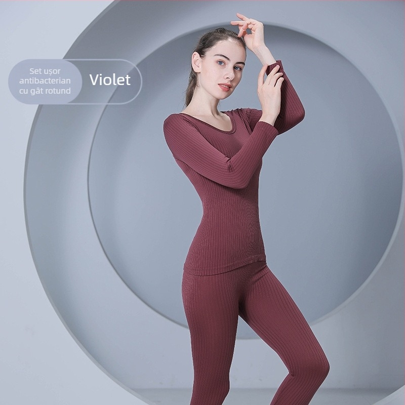 Set de lenjerie termică subțire pentru femei - fără cusături, culoare solidă, top cu mânecă lungă și pantaloni termici, poliester