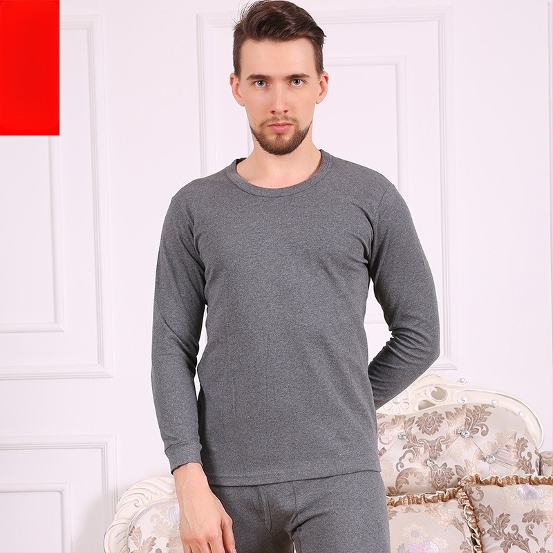 Set de lenjerie termică din bumbac pentru bărbați, mărime plus, cu guler rotund, toamnă–iarna, top cu mânecă lungă și pantaloni