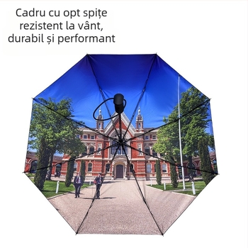 Umbrelă automată de reclamă cu 8 brațe, logo imprimat, acoperire din vinil, protecție UV, design pliere în trei secțiuni