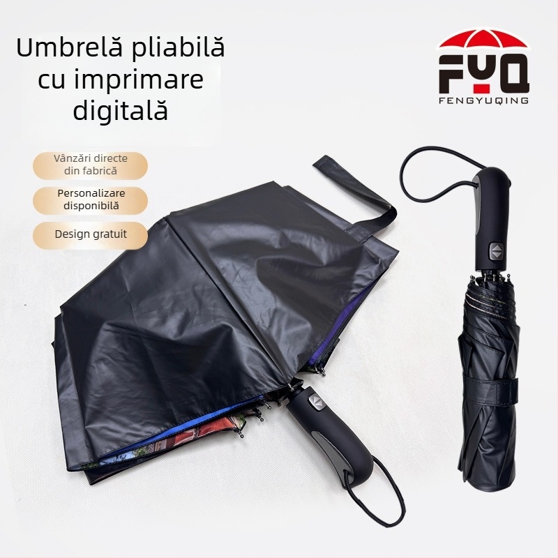 Umbrelă automată de reclamă cu 8 brațe, logo imprimat, acoperire din vinil, protecție UV, design pliere în trei secțiuni