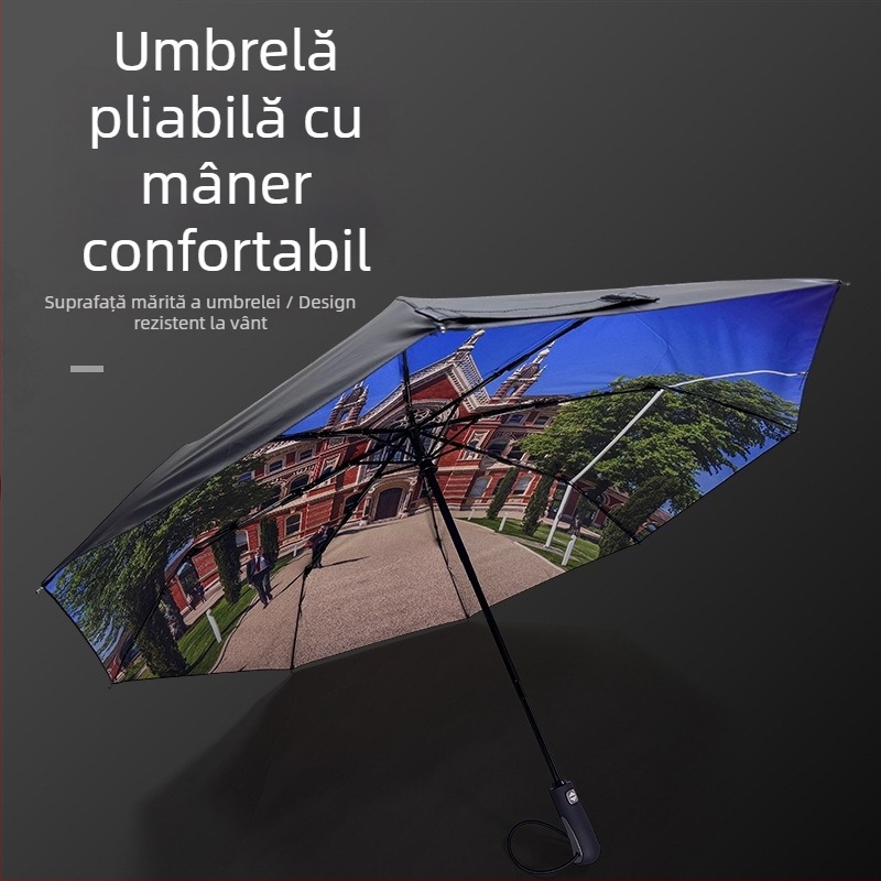 Umbrelă automată de reclamă cu 8 brațe, logo imprimat, acoperire din vinil, protecție UV, design pliere în trei secțiuni