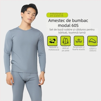 Set termic pentru bărbați, material ușor din bumbac-modal, top cu mânecă lungă și pantaloni, pentru toamnă-iarnă