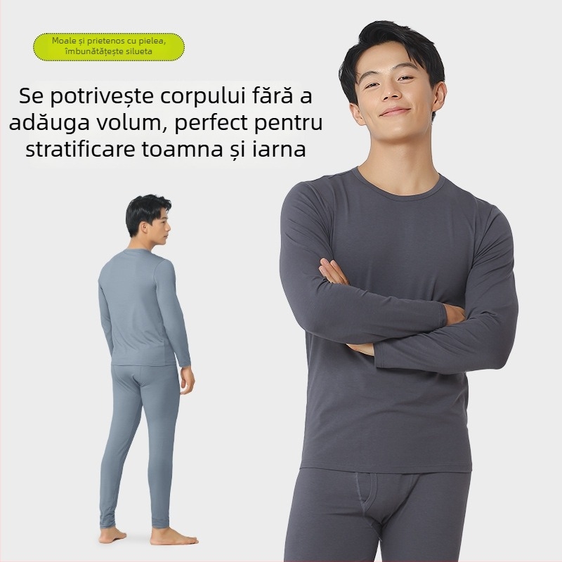 Set termic pentru bărbați, material ușor din bumbac-modal, top cu mânecă lungă și pantaloni, pentru toamnă-iarnă