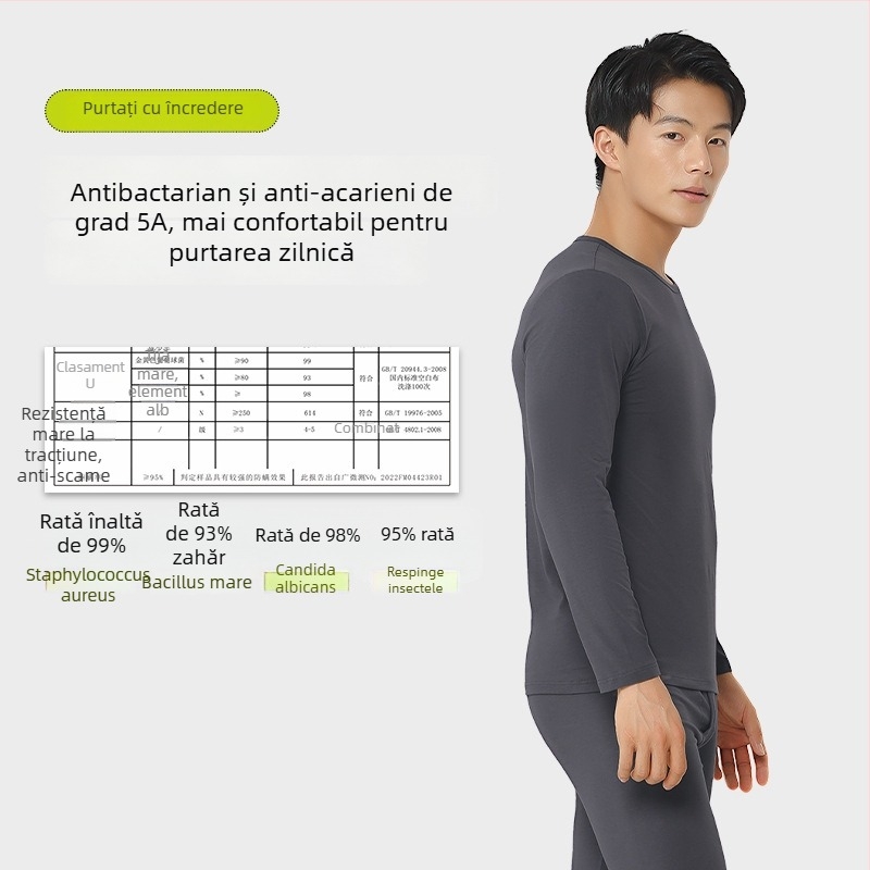 Set termic pentru bărbați, material ușor din bumbac-modal, top cu mânecă lungă și pantaloni, pentru toamnă-iarnă