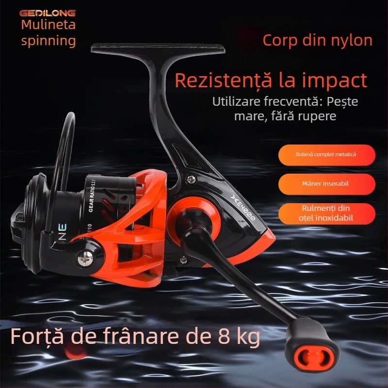 Mulineta de pescuit tip spinning, aruncări la distanță, tambur metalic, mâner metalic, pescuit marin