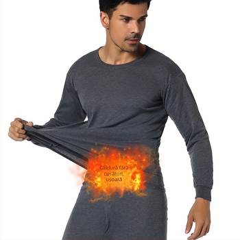 Set termic pentru bărbați, guler rotund, culoare solidă, material subțire, croială slim, top cu mânecă lungă și pantaloni de lungime medie.
