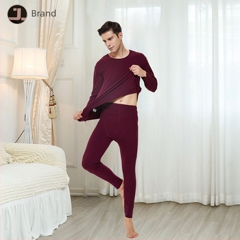 Set termic pentru bărbați, tricot rib, fără urme, căptușit cu fleece, mărime plus, top cu guler rotund și pantaloni de toamnă