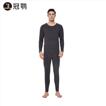 Set termic pentru bărbați, tricot rib, fără urme, căptușit cu fleece, mărime plus, top cu guler rotund și pantaloni de toamnă